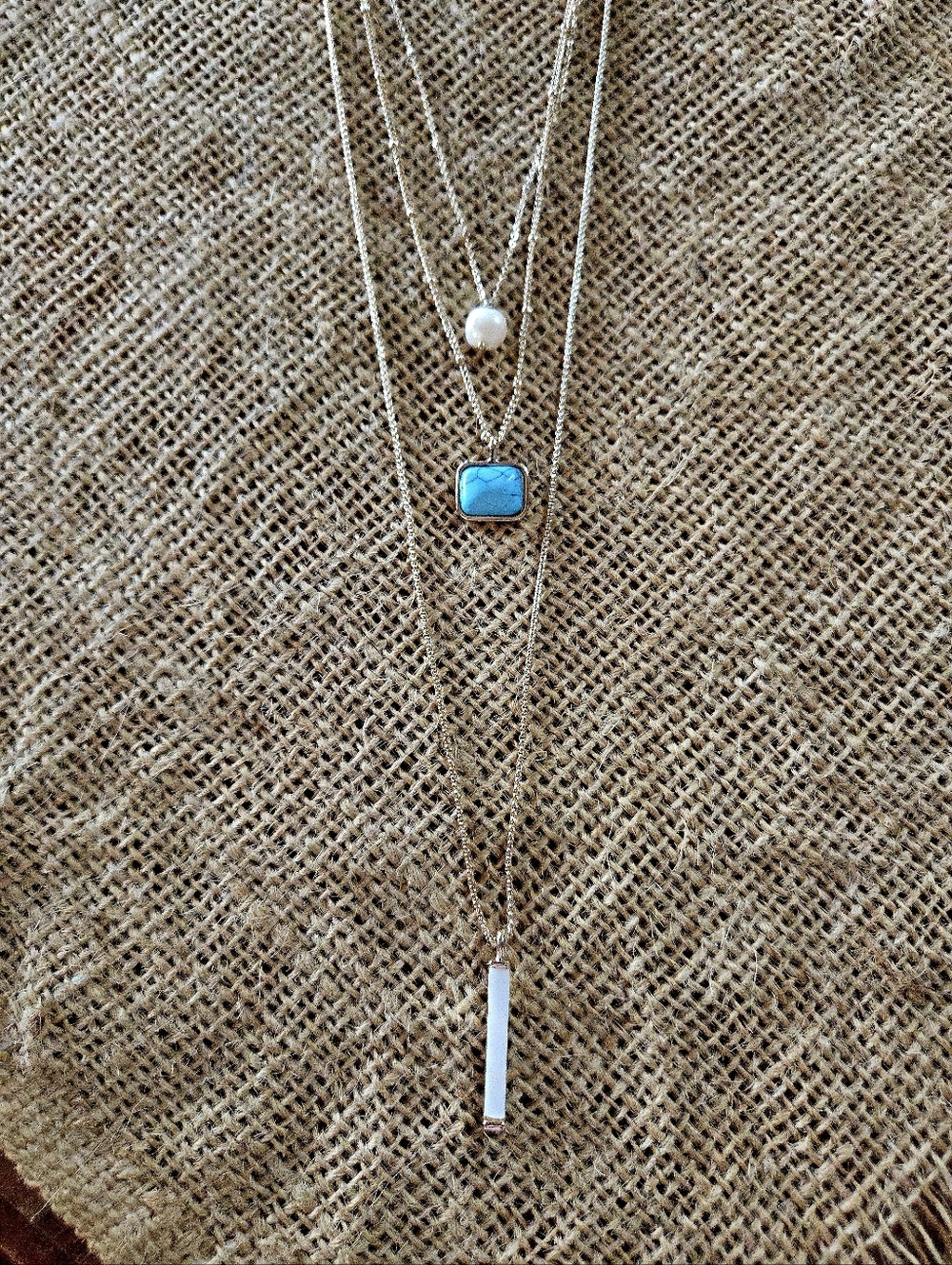 Loft Gold Toned 3 Tiered Turquoise & Pearl Necklace